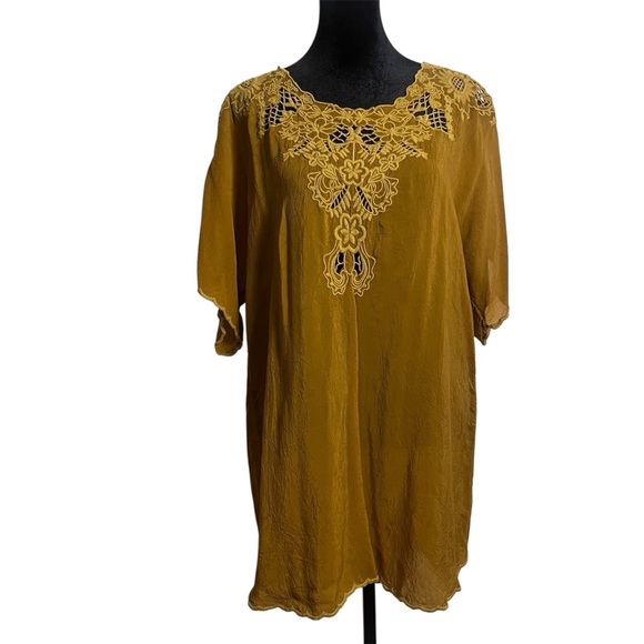 Johnny Was Golden Ochre Embroidered Tunic Top Lace Detail - Size M - Picture 2 of 8